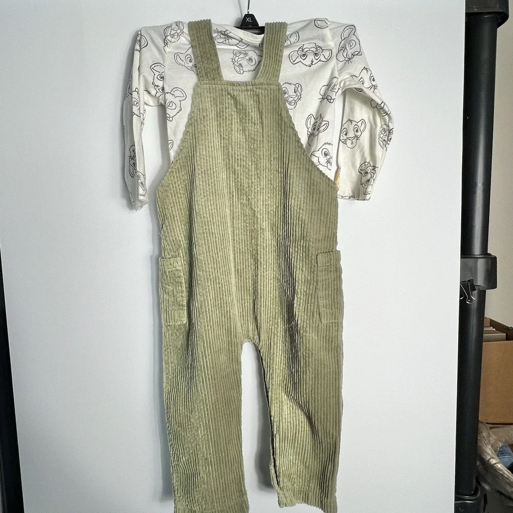 Disney Baby Lion King Simba Corduroy Overalls 2pc Set‎ Green 24M Toddler EUC!!